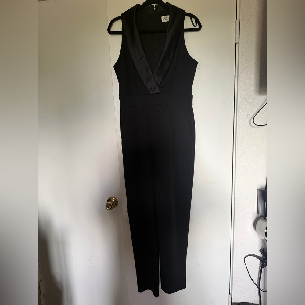 Eliza J Black Sleeveless Satin-Collar Jumpsuit